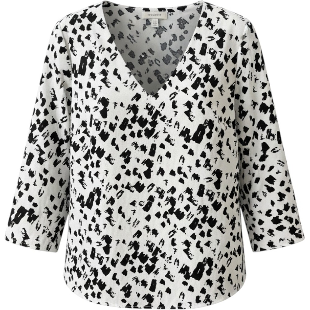 Melloday Womens 1X V-Neck Blouse Black White Abstract Print CET211025-TP